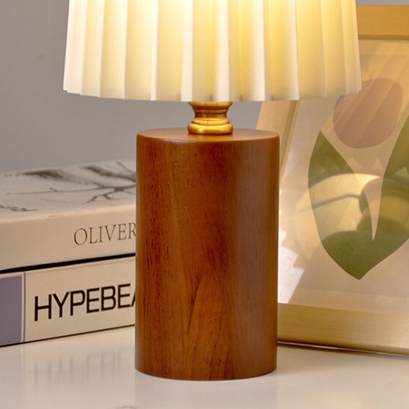 Skorter | Vintage Korean Pleated Column Solid Wood Base 1-Light Table Lamp