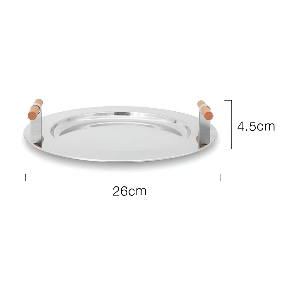 Skorter | Elegant Stainless Steel Round Tray with Wooden Handles
