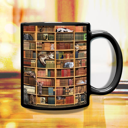 skorter | Bookcase Ceramic Coffee Mug - Gift for Cat Book Lovers