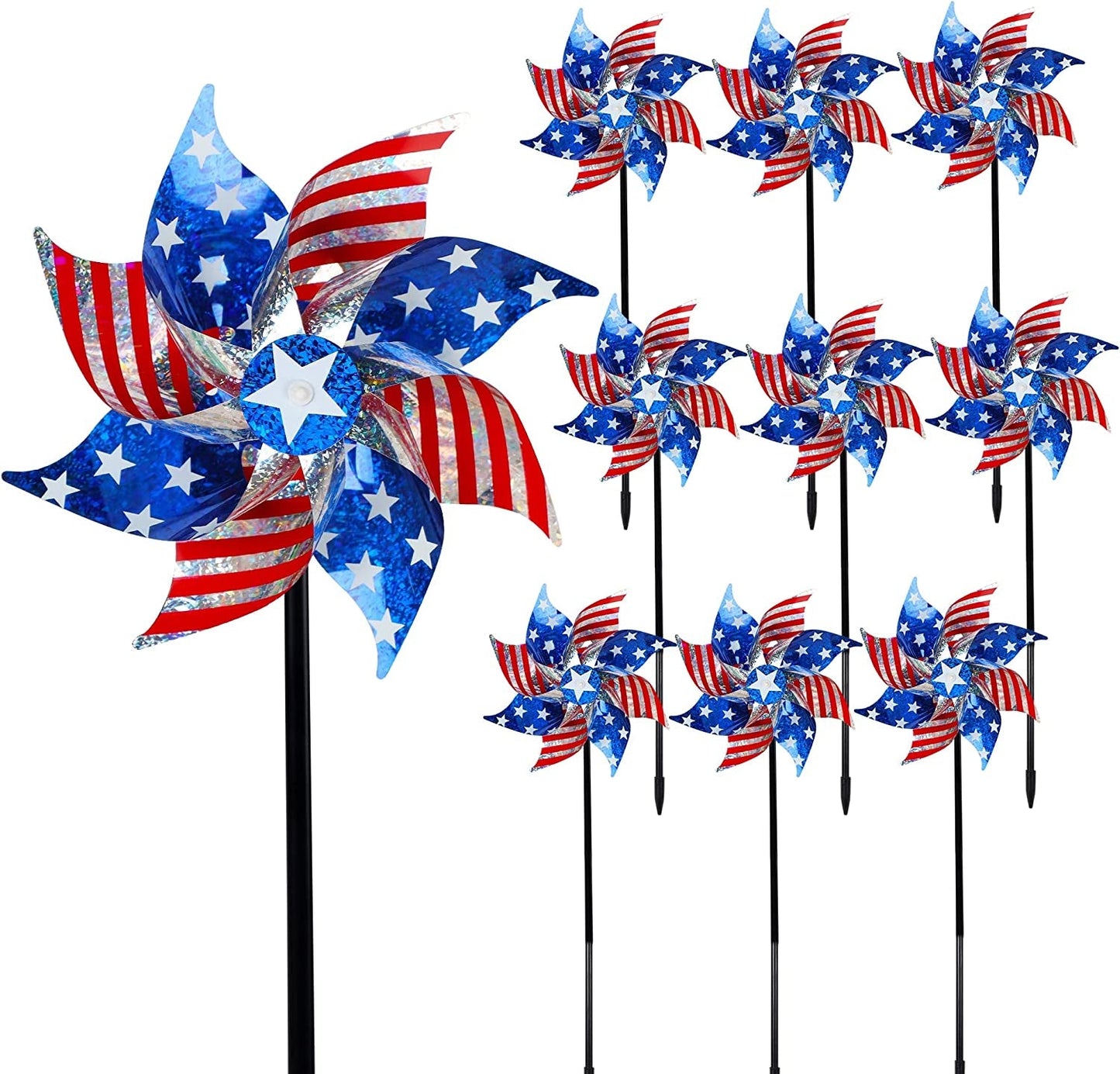 Skorter | 10 Pack Reflective Pinwheels Patriotic Decorations, American Flag on Pole Wind Spinner with Support for Independence Day, Memorial Day July 4th Party Supplies, Scare Birds Repellent Devices