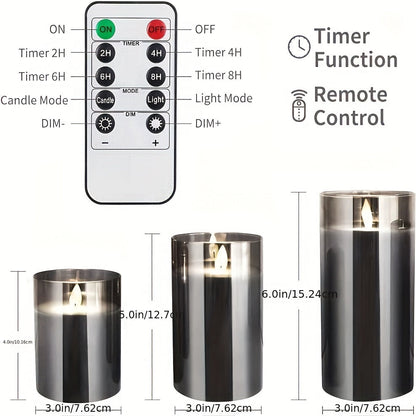 Skorter | 3pcs LED Fireproof Candles, Battery Operated Flickering Flame Pillar Real Wax Moving Flame Electric Light Set Gray Glass Effect With Remote Control Timer, 10.16 Cm, 12.7 Cm, 15.24 Cm, 3 Gray Packaging