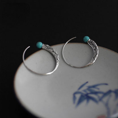 Skorter | Blue Tibetan silver national handmade retro style earrings engraved turquoise Chinese style earrings