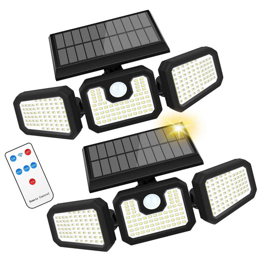 Skorter | 2 Pack 210 LED Solar Outdoor Lighting 3 Heads Solar Lights IP65 Waterproof Solar Motion Sensor Light with Remote Control for Terrace, Garden, Yard