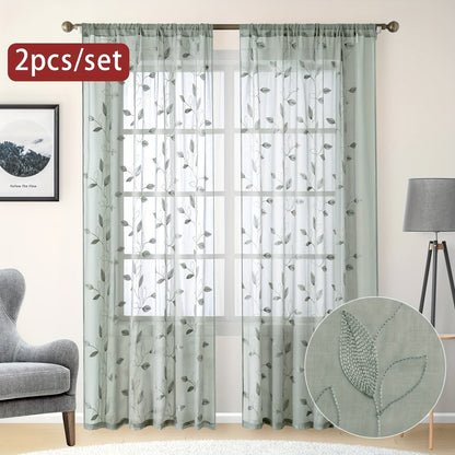 Skorter | Embroidered curtains with leaves - 2 pcs semi-transparent for bedroom and living room