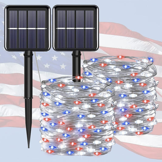 Skørter | July 4 patriotic home decorations outdoor lights - Red White Blue solar string lights, 2-pack each 100 LED 33 feet