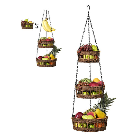 Skorter | 3-layer hanging fruit basket woven vegetable storage and fruit organizer with banana holder -