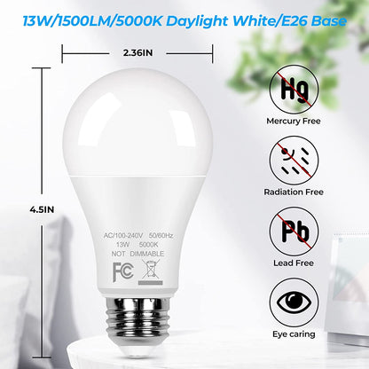 Skorter | 12-Pack A19 LED Bulbs, 100W Equivalent Bulbs, 13W 5000K Daylight White LED Bulbs with Standard E26 Medium Base