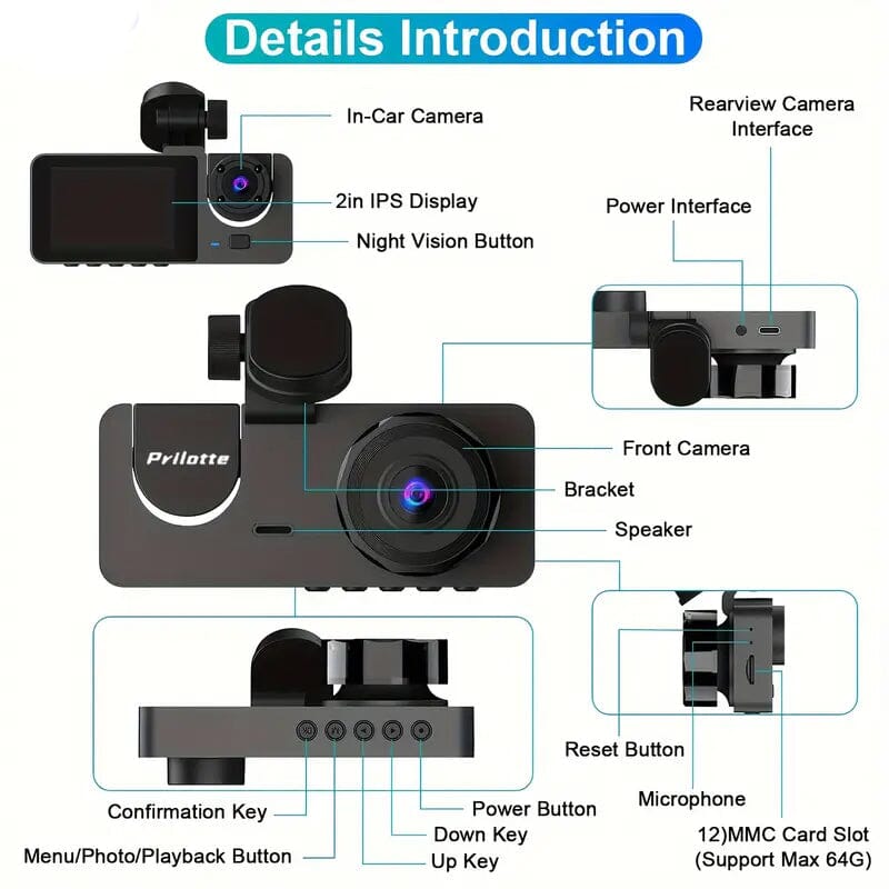 Skorter | 3-channel 4K UHD dashcam front, rear and inside with 32GB SD card