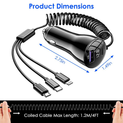 Skorter | 5-in-1 Fast Charging Car Charger QC PD USB Type C LT 5 Ports with 4ft Spiral Cable