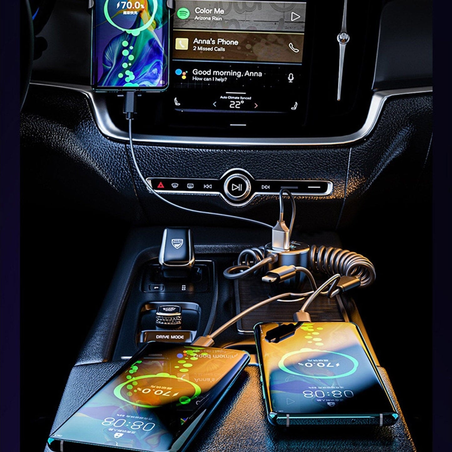 Skorter | 5-in-1 Fast Charging Car Charger QC PD USB Type C LT 5 Ports with 4ft Spiral Cable