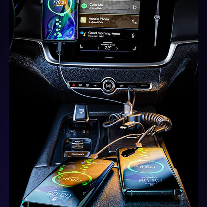 Skorter | 5-in-1 Fast Charging Car Charger QC PD USB Type C LT 5 Ports with 4ft Spiral Cable