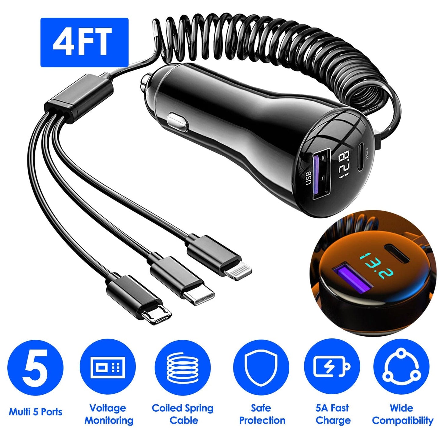 Skorter | 5-in-1 Fast Charging Car Charger QC PD USB Type C LT 5 Ports with 4ft Spiral Cable
