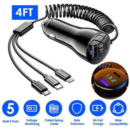 Skorter | 5-in-1 Fast Charging Car Charger QC PD USB Type C LT 5 Ports with 4ft Spiral Cable