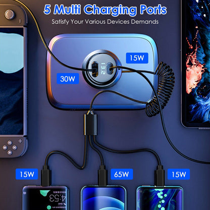 Skorter | 5-in-1 Fast Charging Car Charger QC PD USB Type C LT 5 Ports with 4ft Spiral Cable