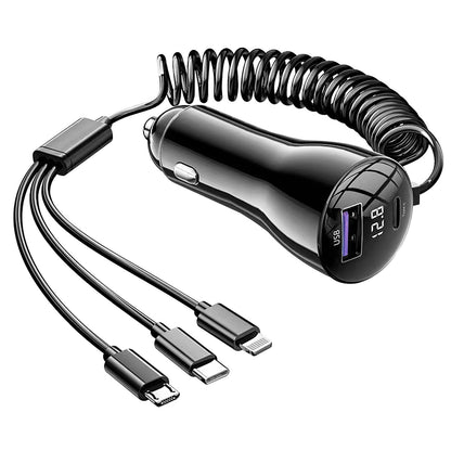 Skorter | 5-in-1 Fast Charging Car Charger QC PD USB Type C LT 5 Ports with 4ft Spiral Cable