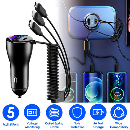 Skorter | 5-in-1 Fast Charging Car Charger QC PD USB Type C LT 5 Ports with 4ft Spiral Cable