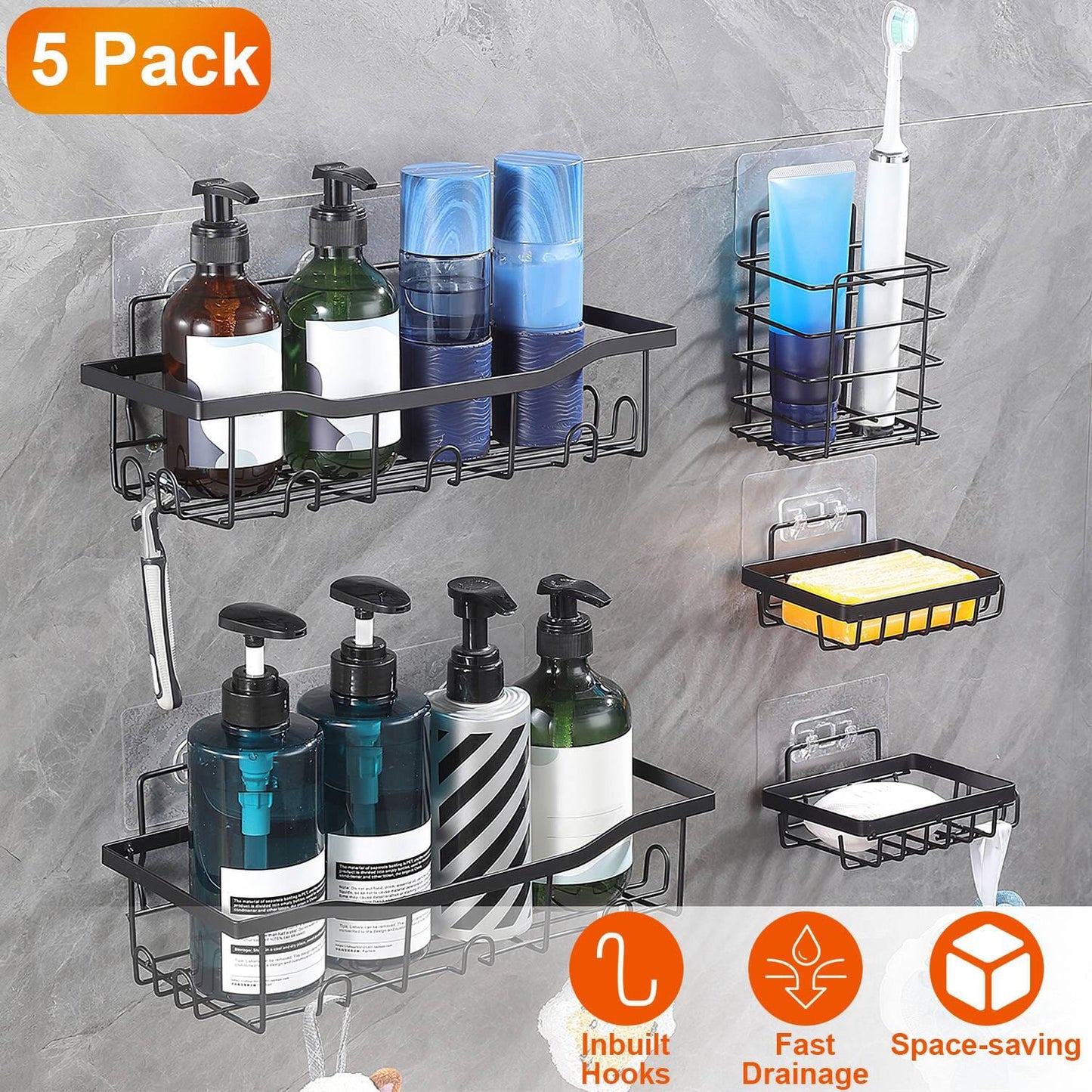 Skorter | 5-Pack: Shower Caddy Shelves with 18 Built-in Hooks