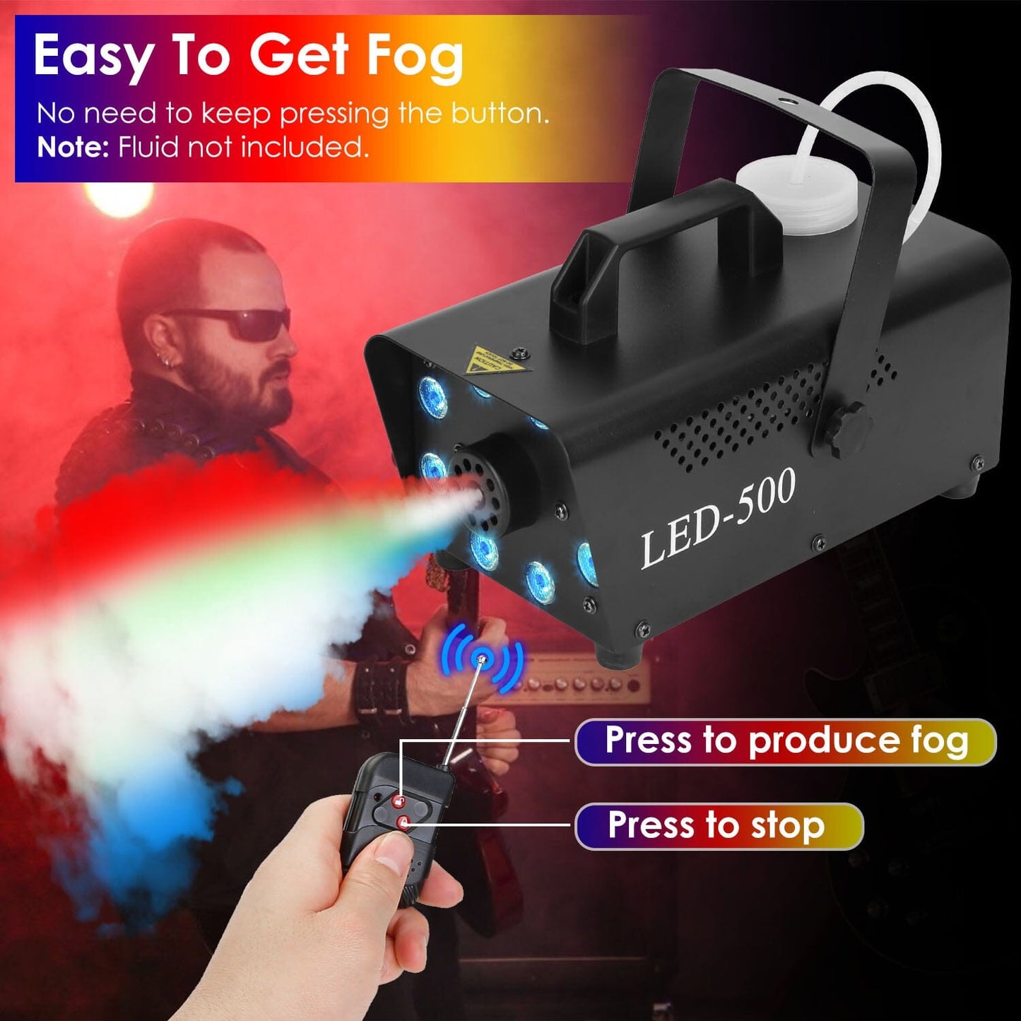 Skorter | 500W Fog Enhancer 2000CFM Colorful Fog Machine with 8-Piece LED 5 Light Effects 3-Level Brightness