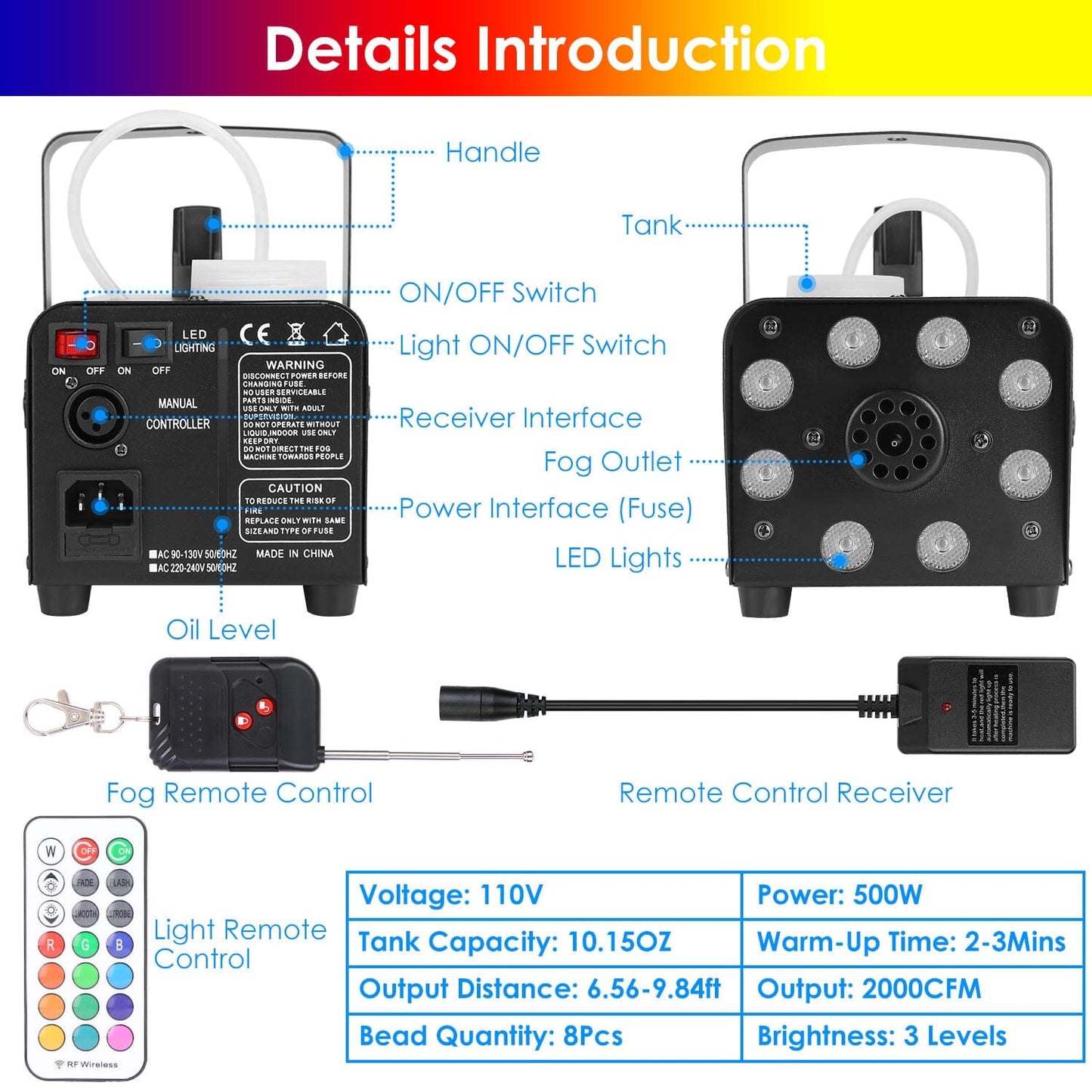 Skorter | 500W Fog Enhancer 2000CFM Colorful Fog Machine with 8-Piece LED 5 Light Effects 3-Level Brightness