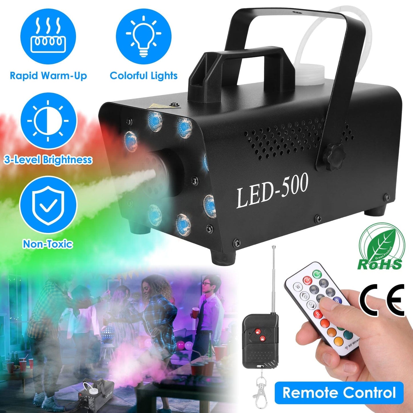 Skorter | 500W Fog Enhancer 2000CFM Colorful Fog Machine with 8-Piece LED 5 Light Effects 3-Level Brightness