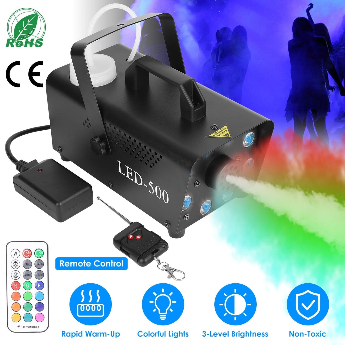 Skorter | 500W Fog Enhancer 2000CFM Colorful Fog Machine with 8-Piece LED 5 Light Effects 3-Level Brightness