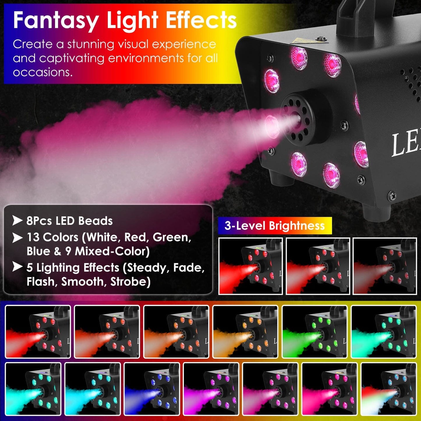 Skorter | 500W Fog Enhancer 2000CFM Colorful Fog Machine with 8-Piece LED 5 Light Effects 3-Level Brightness