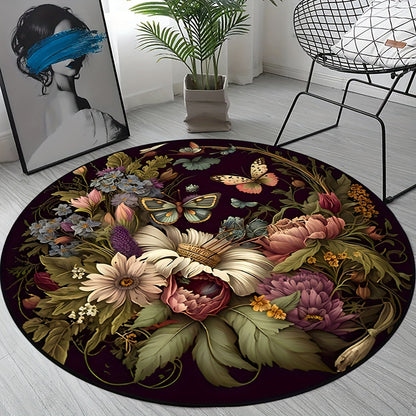 Skorter | Darkness Butterfly Floral Round Rug - Non-slip, Washable, soft and comfortable polyester rug for living room, bedroom, office and children's room