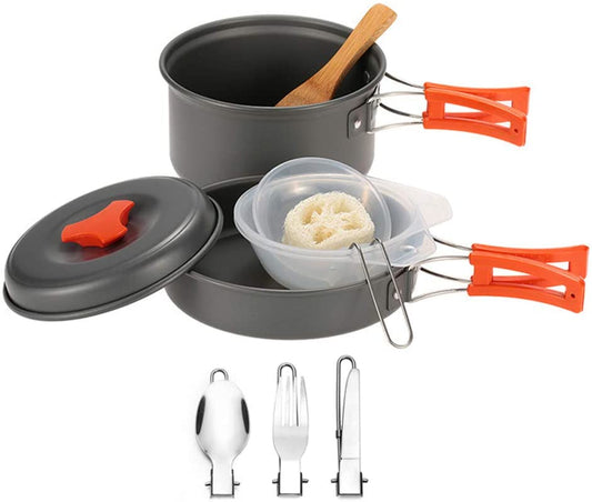 Skorter | DZRZVD Camping Cookware Mess Kit Gear, Backpacking Accessories Equipment Pots and Pan Set with Mesh Carrying Bag for Hiking, Picnic