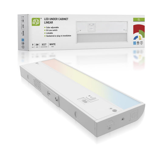Skorter | Asd Dimmable Led Under Cabinet Lighting, 9 Inches, 3 Color LEVELS, Hardwired/Plug-In, White Finish