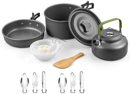 Skorter | DZRZVD Camping Cookware Mess Kit Gear, Backpacking Accessories Equipment Pots and Pan Set with Mesh Carrying Bag for Hiking, Picnic