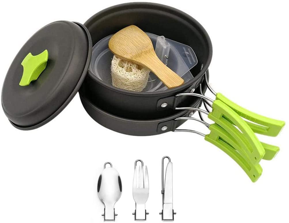 Skorter | DZRZVD Camping Cookware Mess Kit Gear, Backpacking Accessories Equipment Pots and Pan Set with Mesh Carrying Bag for Hiking, Picnic