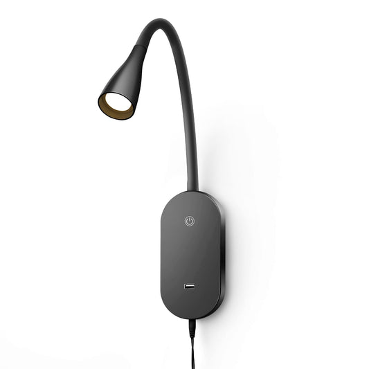 Skorter | Topmb Wall Lamp for Reading - Touch Control, Usb Output, 5 Dimmable Led, Flexible Goose Neck, Black