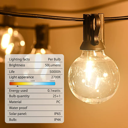 Skorter | 27Ft G40 Solar String Lights Outdoor Waterproof Globe Lights With 4 Lighting Modes Shockproof LED Bulbs