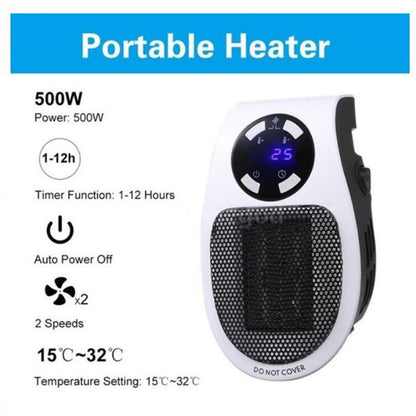 Skorter | 500W Room Heater - LED Display Wall Socket Electric Plug with Adjustable Thermostat & Timer