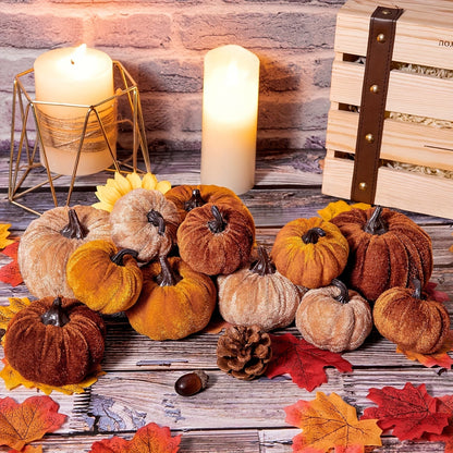Skorter | Autumn Decoration Pumpkin Set – 12 Pieces Artificial Pumpkins with Velvet Finish