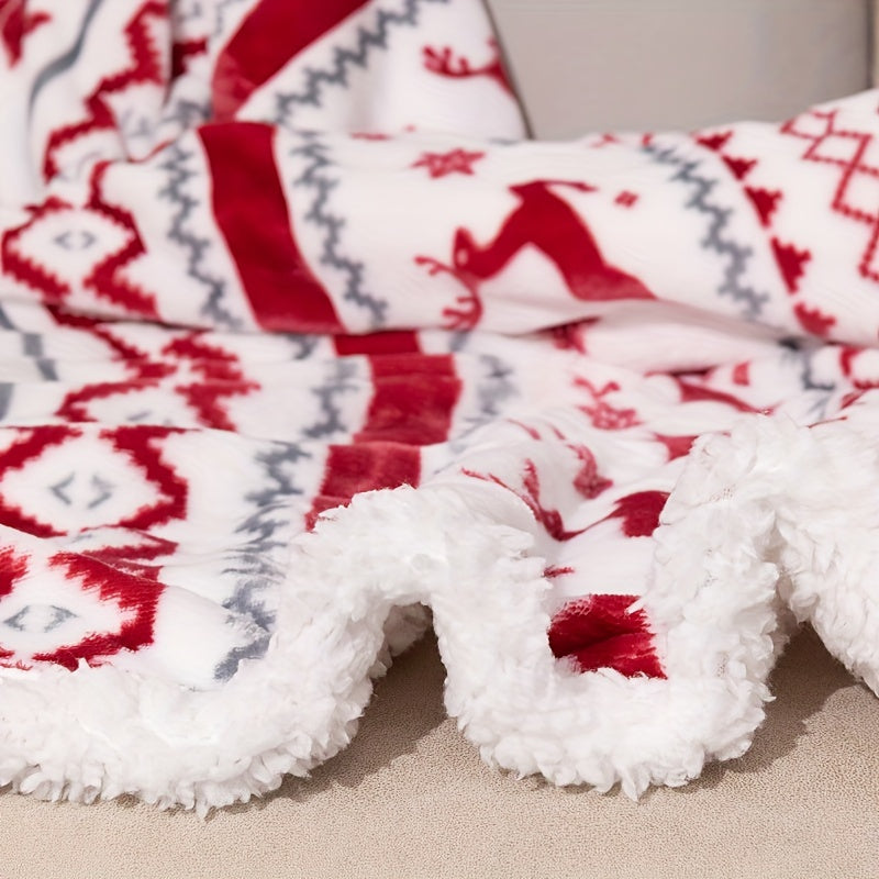 Skorter | Christmas Sherpa Blanket - Soft Poodle Fleece Blanket with Reindeer and Snowflake Pattern