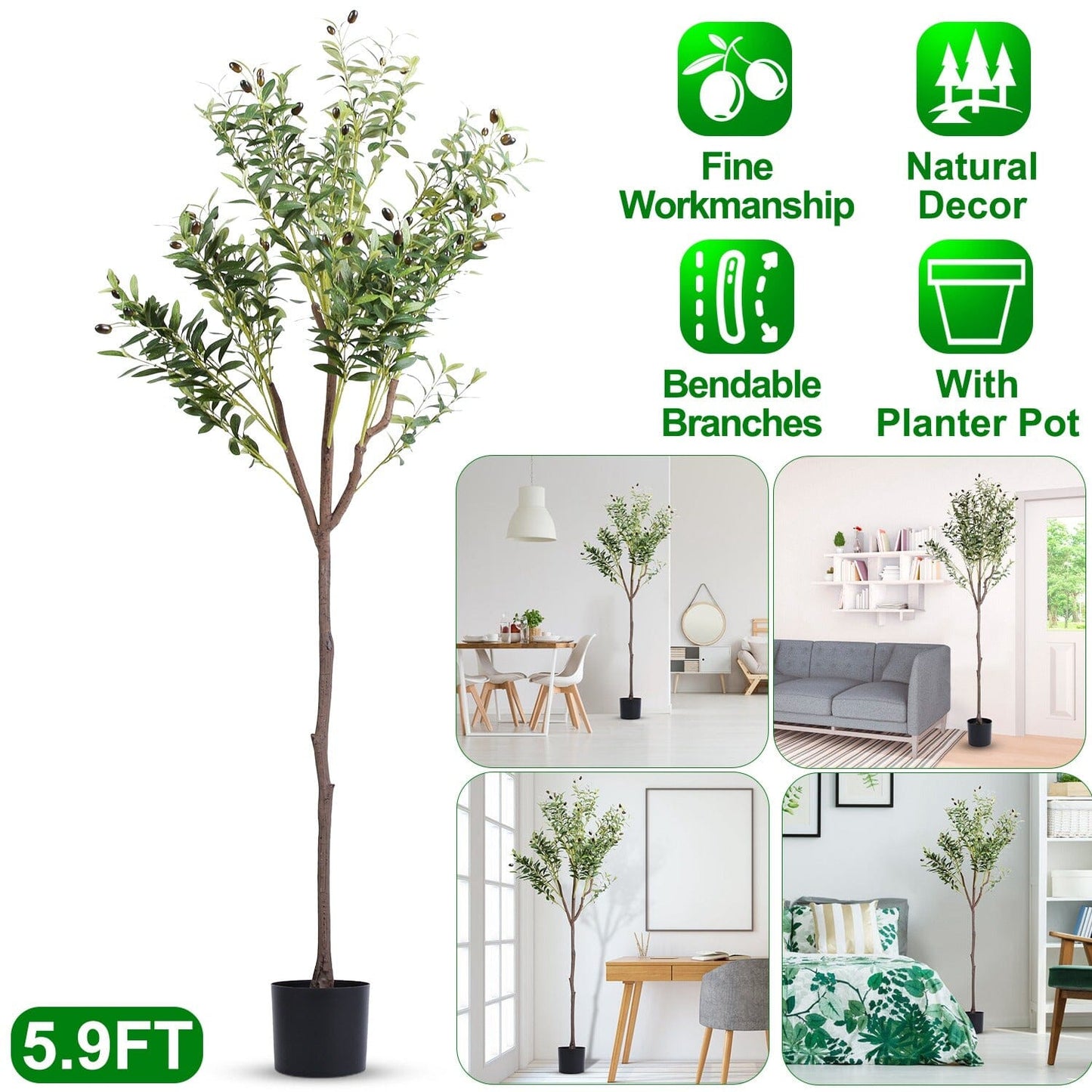 Skorter | 5.9 foot artificial olive tree with lush olive branches and fruits with black planter pot