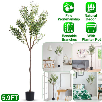 Skorter | 5.9 foot artificial olive tree with lush olive branches and fruits with black planter pot