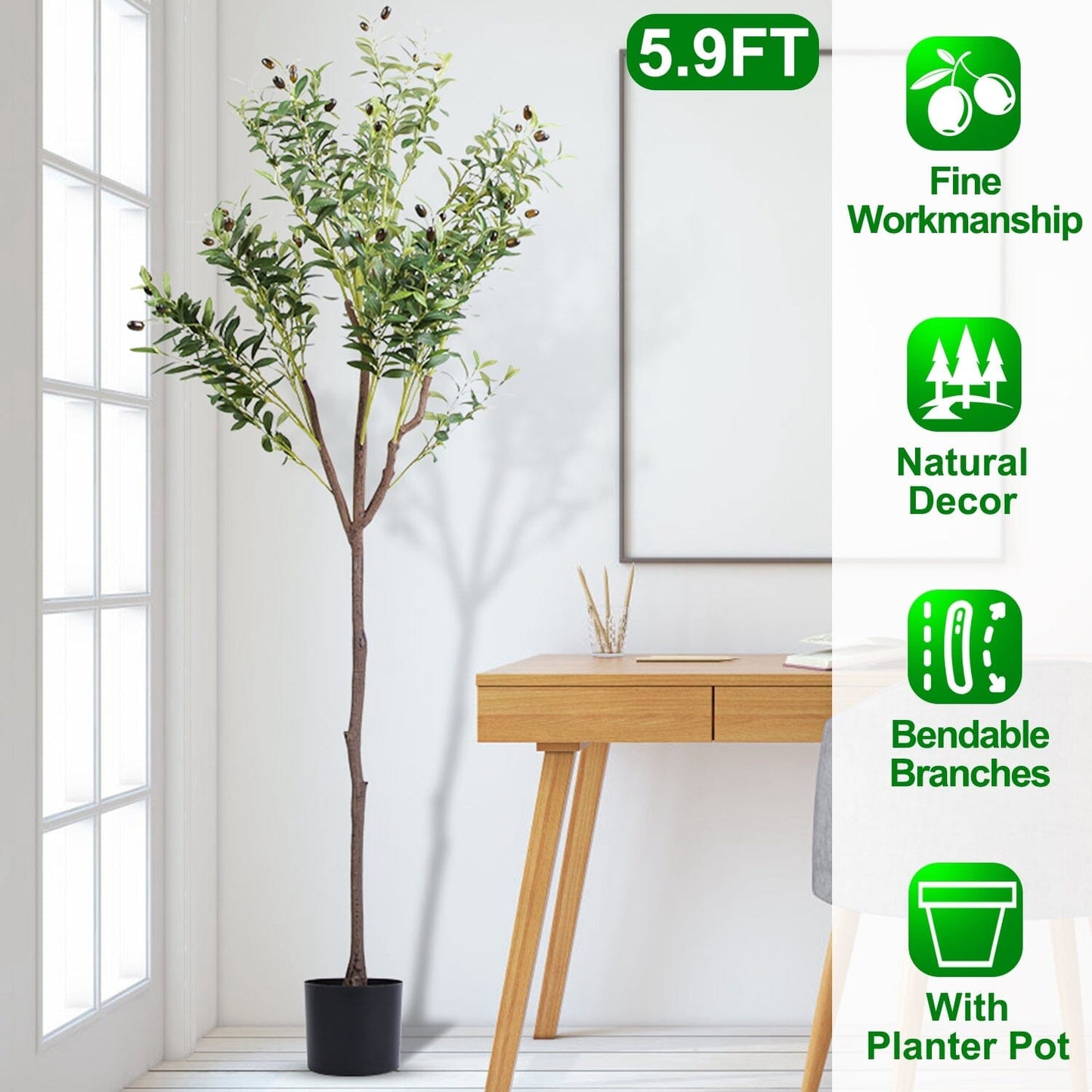 Skorter | 5.9 foot artificial olive tree with lush olive branches and fruits with black planter pot