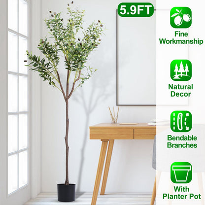Skorter | 5.9 foot artificial olive tree with lush olive branches and fruits with black planter pot