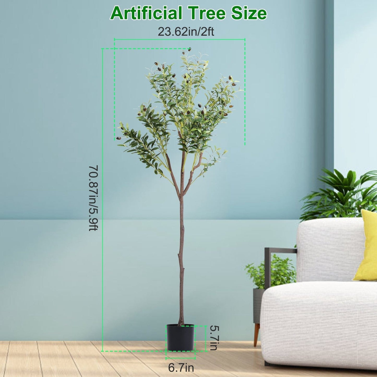 Skorter | 5.9 foot artificial olive tree with lush olive branches and fruits with black planter pot