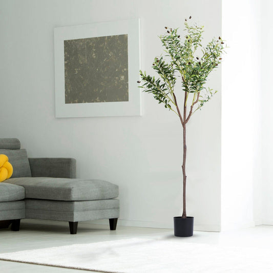 Skorter | 5.9 foot artificial olive tree with lush olive branches and fruits with black planter pot