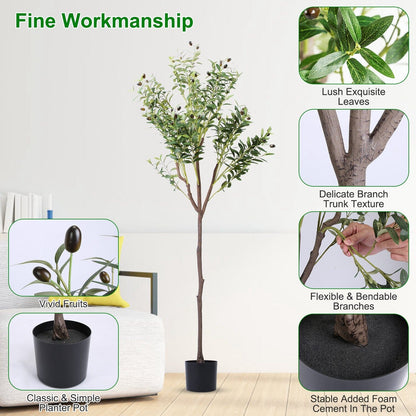Skorter | 5.9 foot artificial olive tree with lush olive branches and fruits with black planter pot