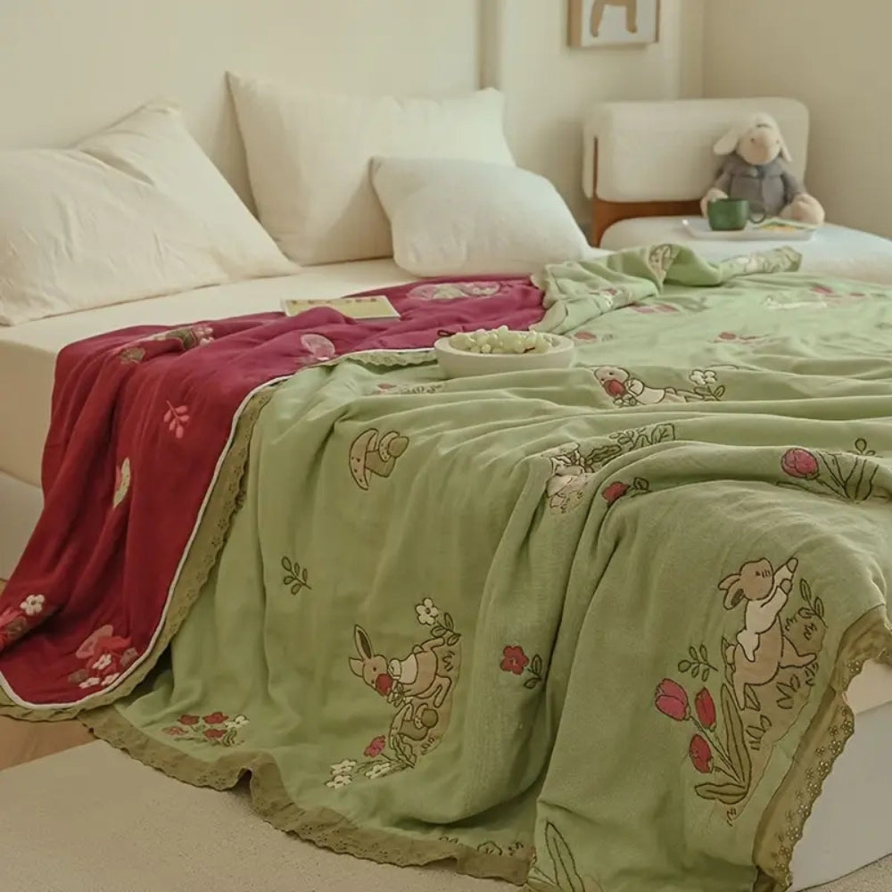 Skorter | Embroidered Bunny Floral Cotton Blanket