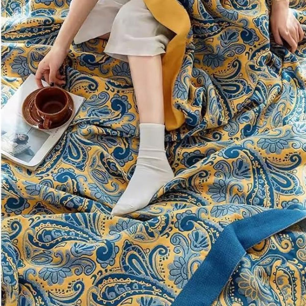 Skorter | Azure Golden Retro Cotton Blanket