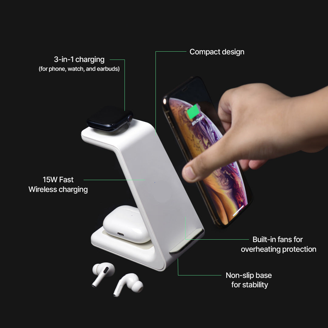 Skorter | 3-in-1 Wireless Charging Station | Apple, Samsung, Watch, AirPods | Fast Charging Solution