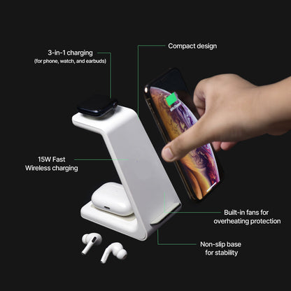 Skorter | 3-in-1 Wireless Charging Station | Apple, Samsung, Watch, AirPods | Fast Charging Solution