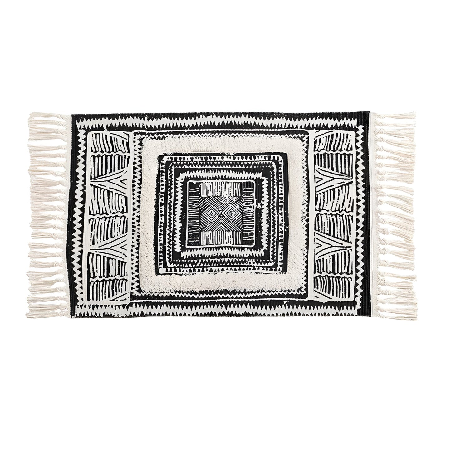 Skorter | Black and White Geometric Tassel Floor Mat