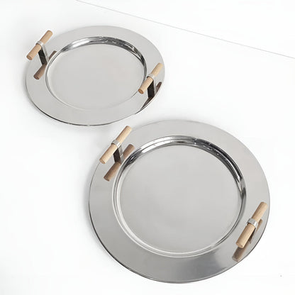 Skorter | Elegant Stainless Steel Round Tray with Wooden Handles