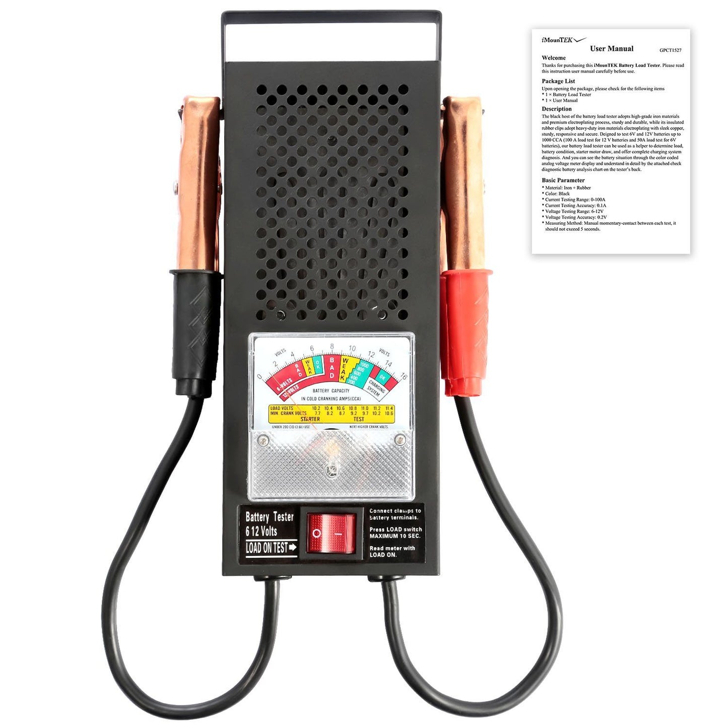Skorter | 6-12V Car Battery Tester with Heavy Insulated Copper Clamps